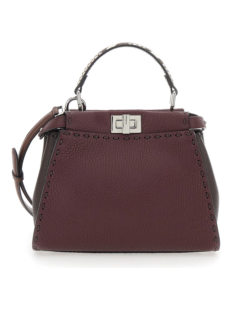 Peekaboo Bordeaux Handbag with Snakeskin Handle and Turn-Lock Closure on Both Sides in Grained Leather Woman
