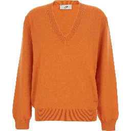 Orange Oversize Sweater with V Neck and Logo Lettering Embroidery on the Front in Cashmere Woman