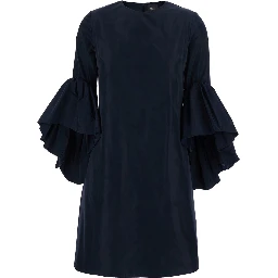 Blue Crewneck Dress with Draped Flared Sleeves in Silk Blend Woman