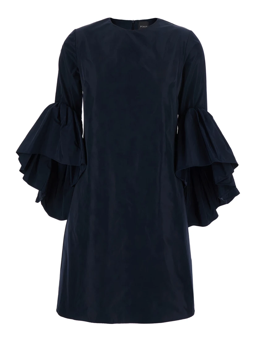 Blue Crewneck Dress with Draped Flared Sleeves in Silk Blend Woman