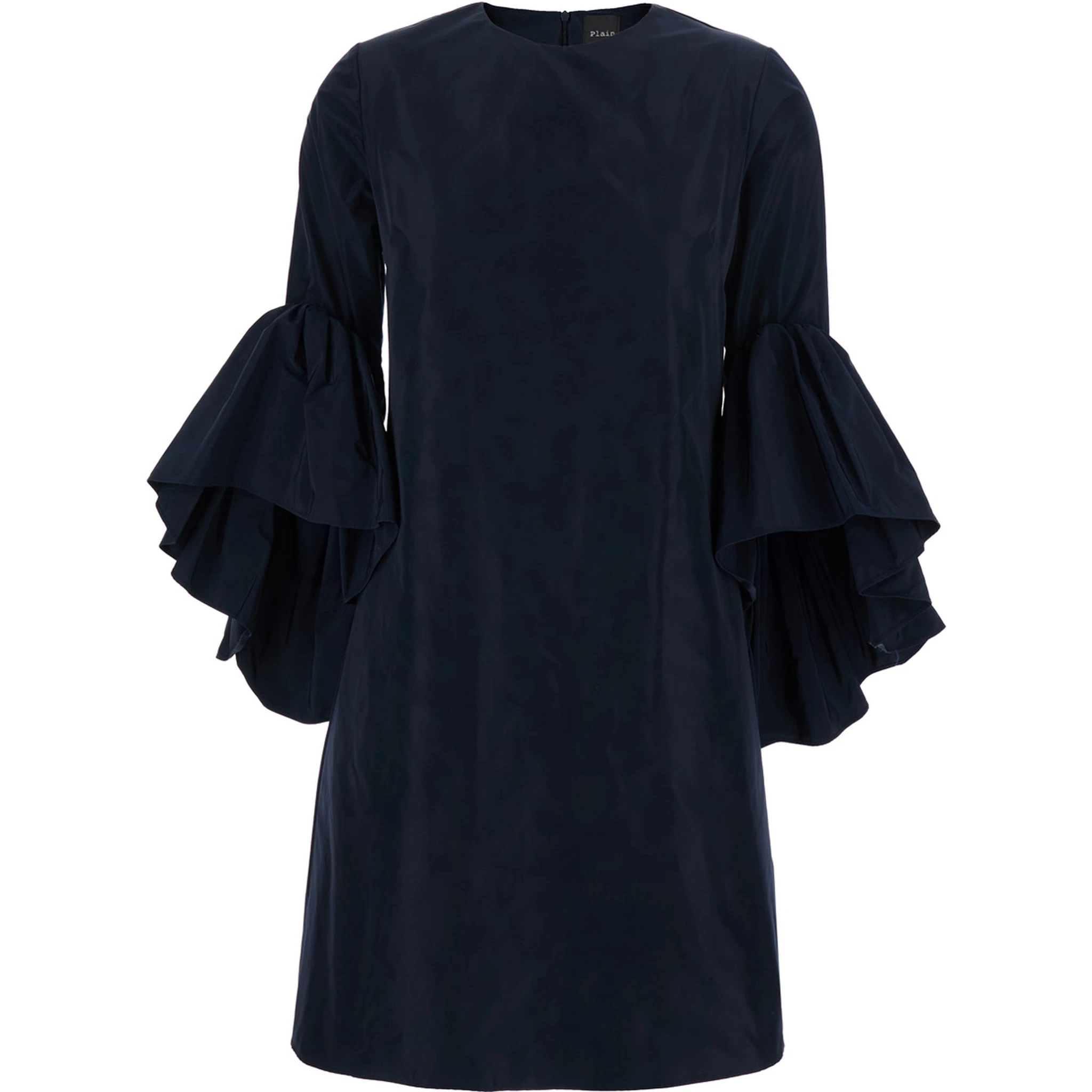 Blue Crewneck Dress with Draped Flared Sleeves in Silk Blend Woman