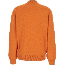 Orange Oversize Sweater with V Neck and Logo Lettering Embroidery on the Front in Cashmere Woman