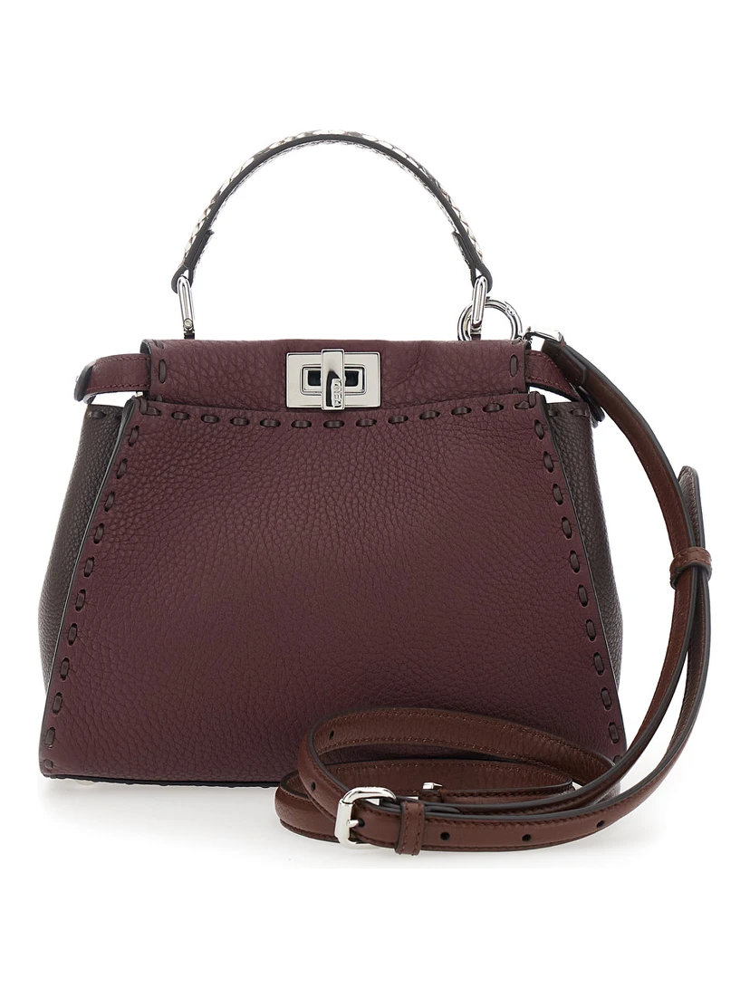 Peekaboo Bordeaux Handbag with Snakeskin Handle and Turn-Lock Closure on Both Sides in Grained Leather Woman