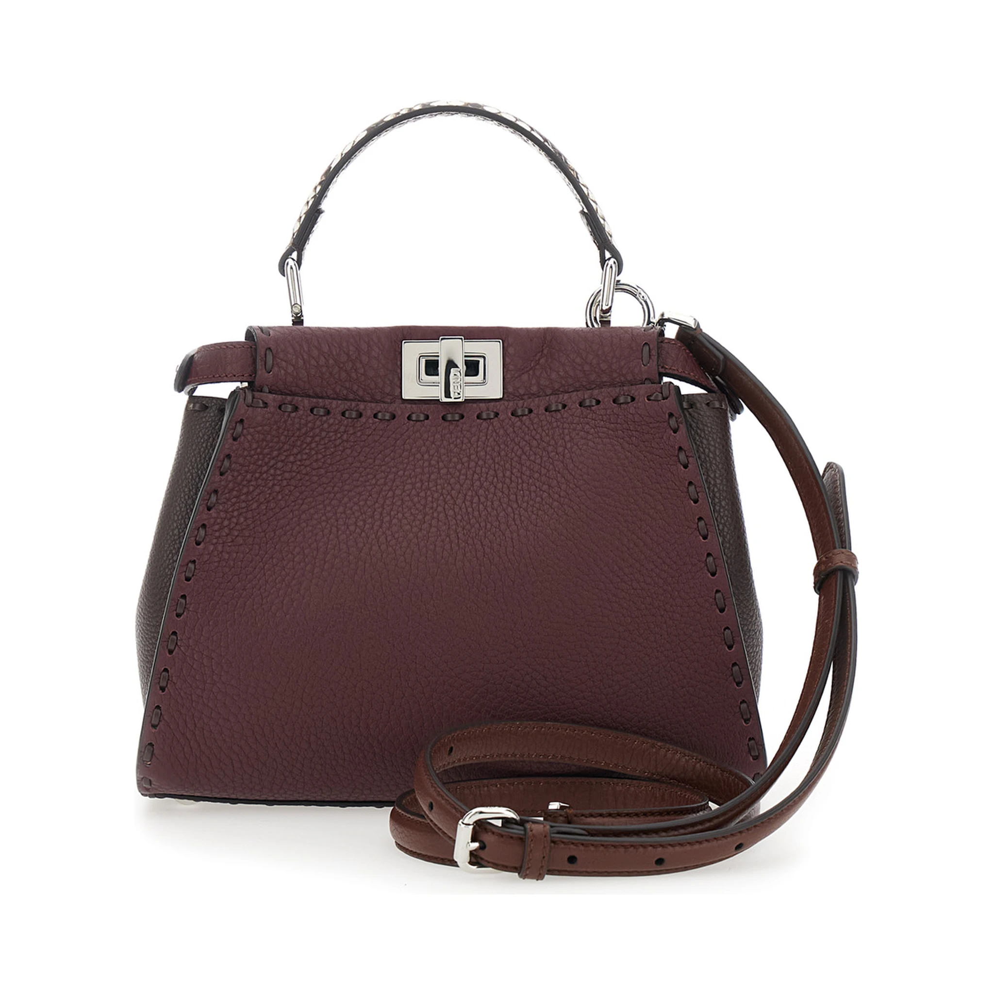 Peekaboo Bordeaux Handbag with Snakeskin Handle and Turn-Lock Closure on Both Sides in Grained Leather Woman