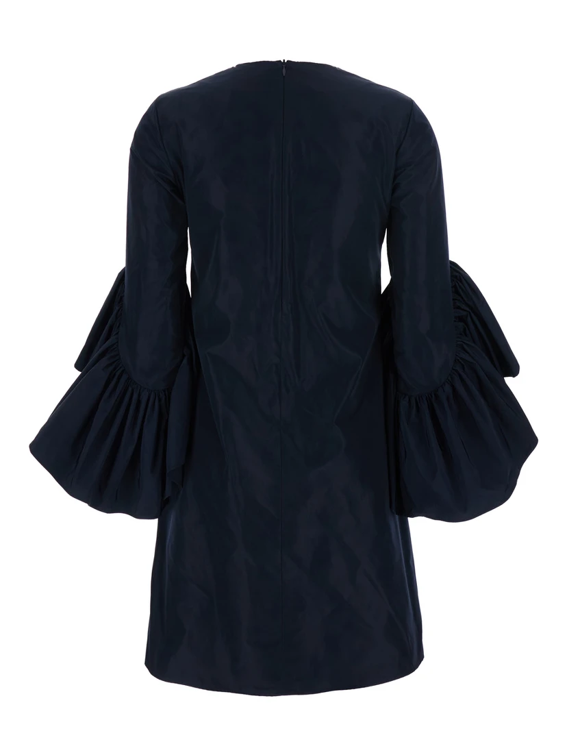 Blue Crewneck Dress with Draped Flared Sleeves in Silk Blend Woman