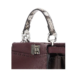 Peekaboo Bordeaux Handbag with Snakeskin Handle and Turn-Lock Closure on Both Sides in Grained Leather Woman