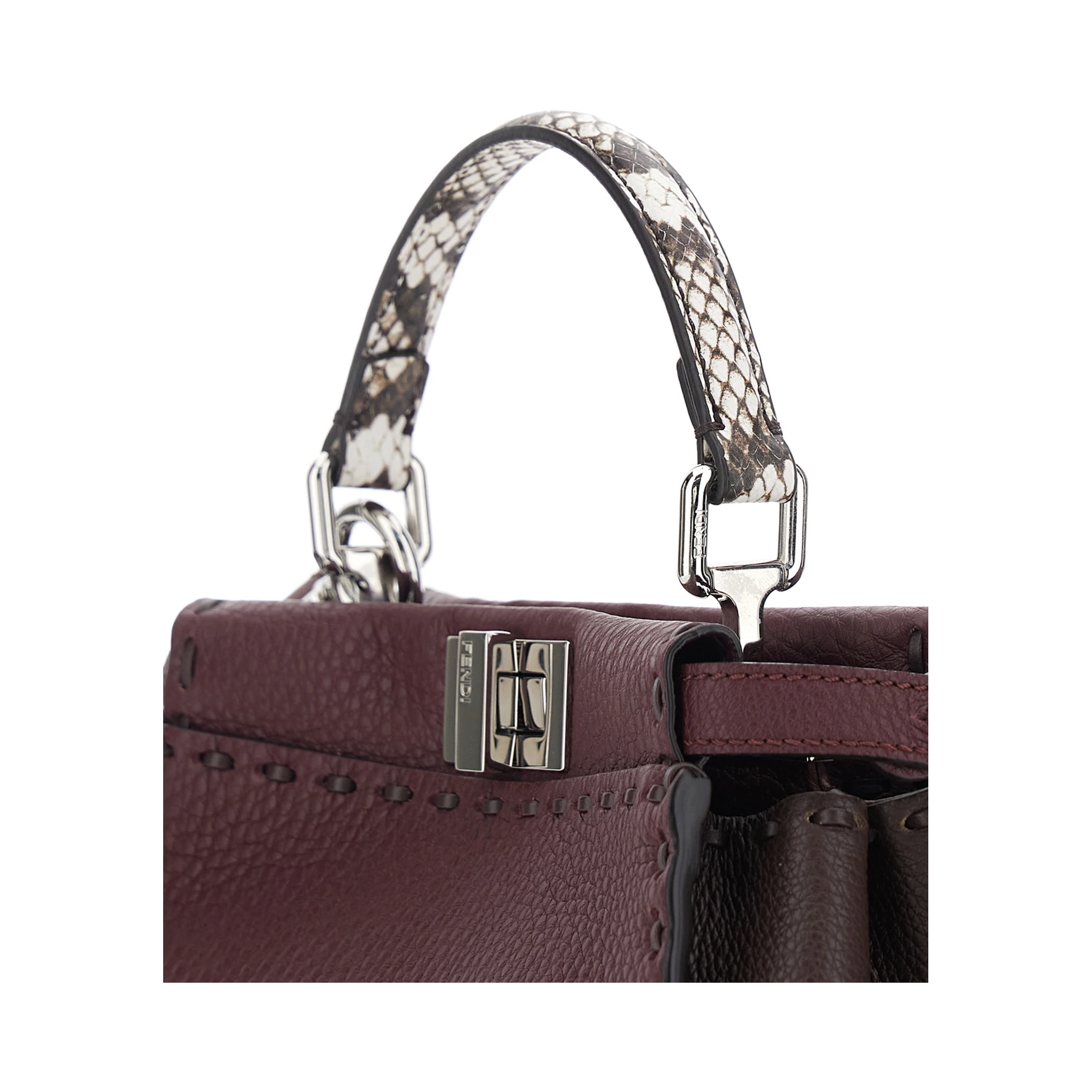Peekaboo Bordeaux Handbag with Snakeskin Handle and Turn-Lock Closure on Both Sides in Grained Leather Woman