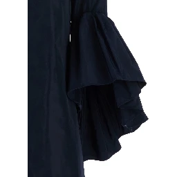 Blue Crewneck Dress with Draped Flared Sleeves in Silk Blend Woman