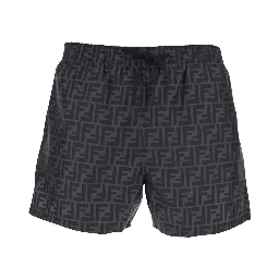 شورت سباحة رمادي بخصر مطاطي برباط ونقشة FF كاملة من قماش تقني رجالي