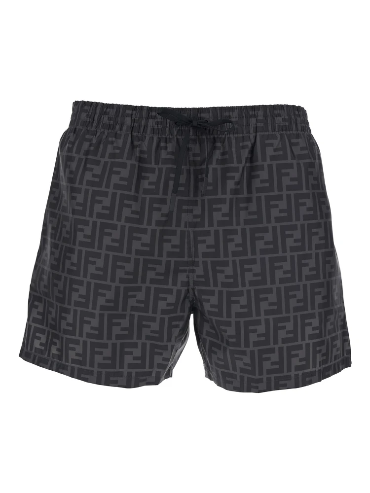 شورت سباحة رمادي بخصر مطاطي برباط ونقشة FF كاملة من قماش تقني رجالي