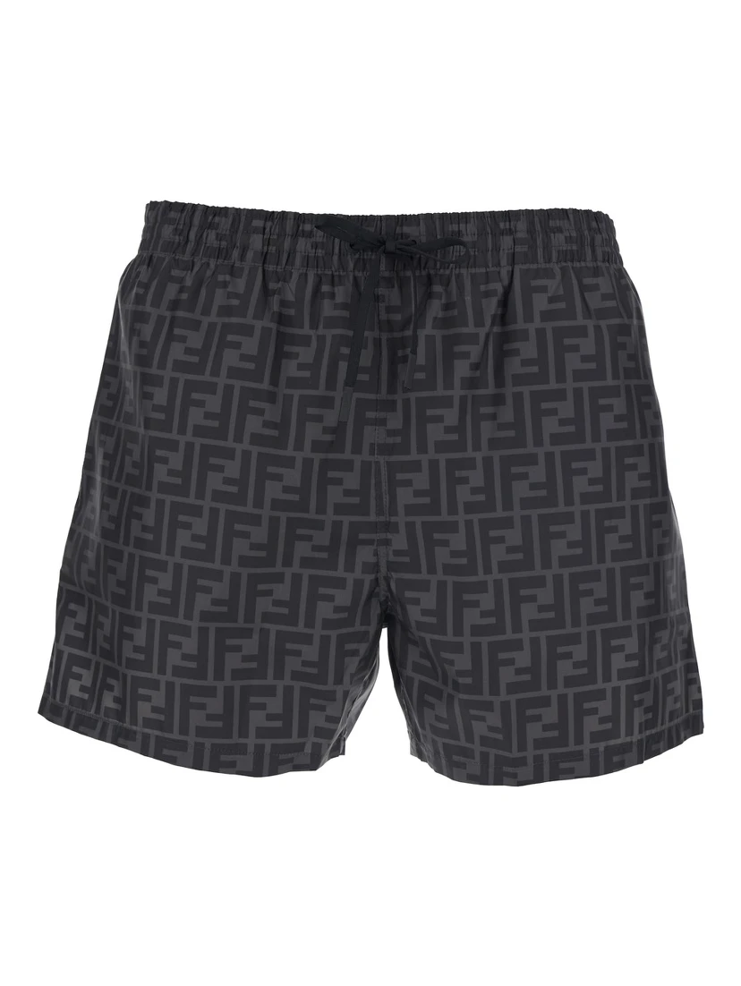 شورت سباحة رمادي بخصر مطاطي برباط ونقشة FF كاملة من قماش تقني رجالي