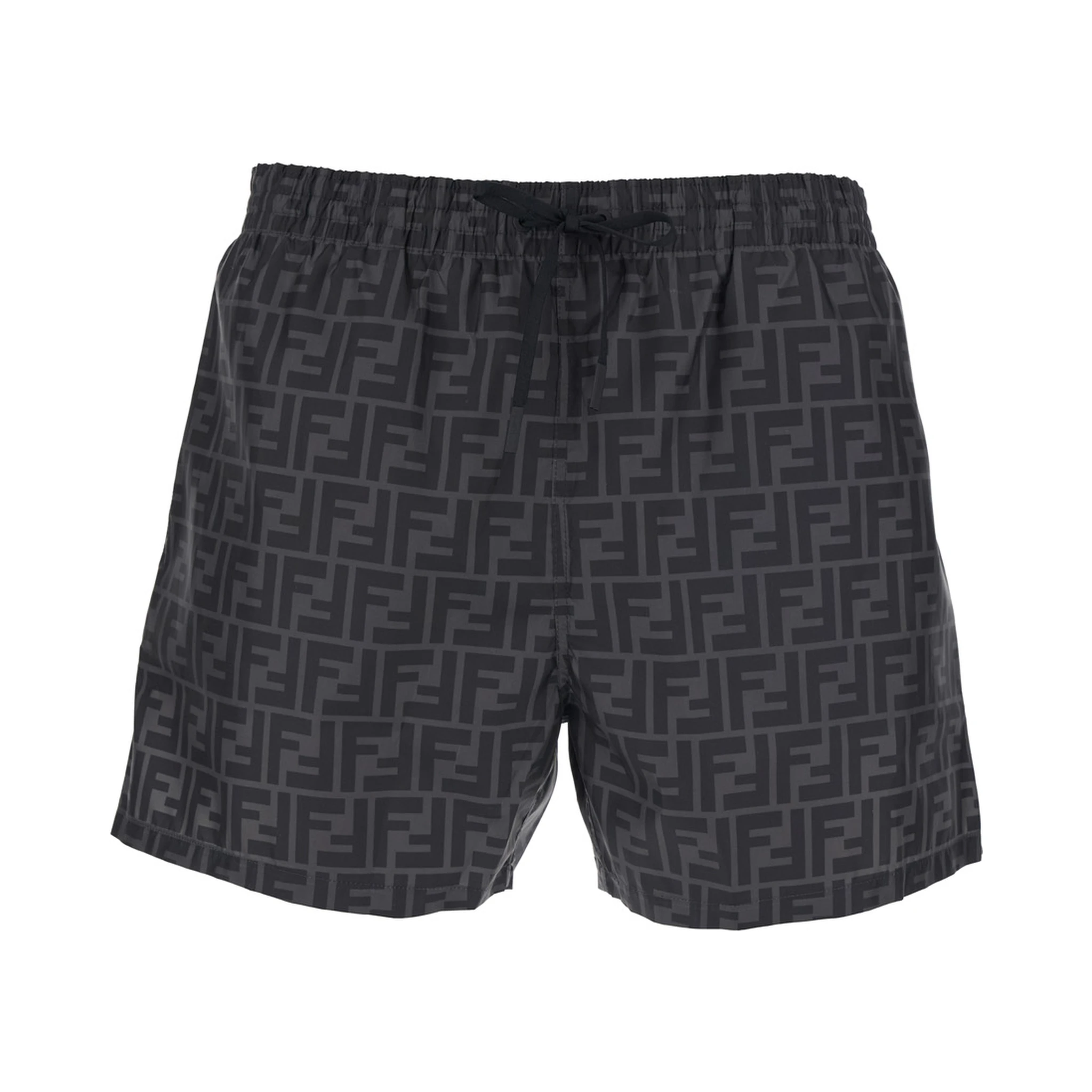 شورت سباحة رمادي بخصر مطاطي برباط ونقشة FF كاملة من قماش تقني رجالي