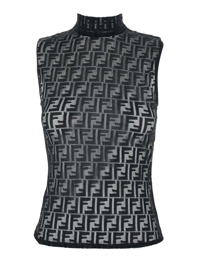 Black Crewneck Sleeveless Top with All-Over FF Motif and Rear Zip Closure in Tech Fabric Stretch Woman