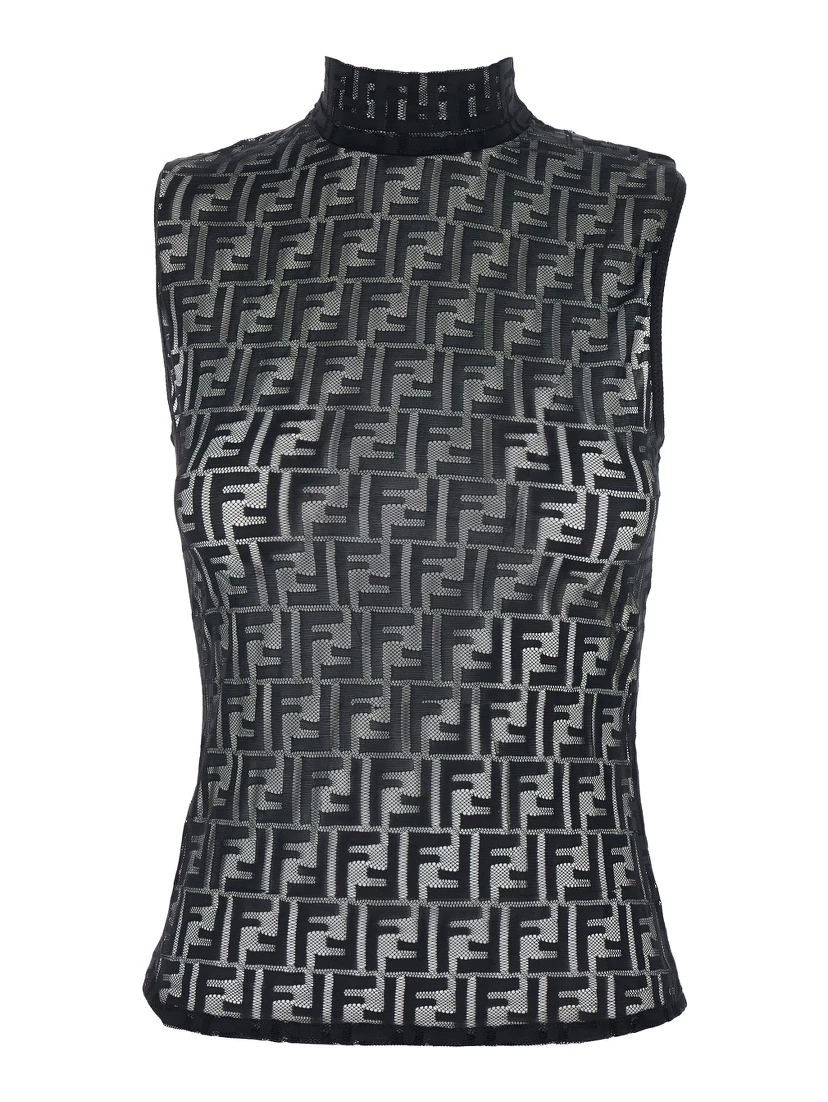 Black Crewneck Sleeveless Top with All-Over FF Motif and Rear Zip Closure in Tech Fabric Stretch Woman