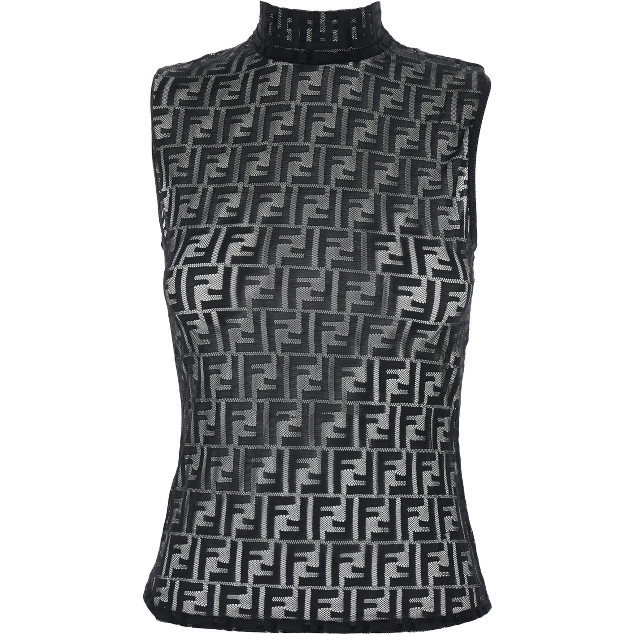 Black Crewneck Sleeveless Top with All-Over FF Motif and Rear Zip Closure in Tech Fabric Stretch Woman