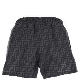 شورت سباحة رمادي بخصر مطاطي برباط ونقشة FF كاملة من قماش تقني رجالي