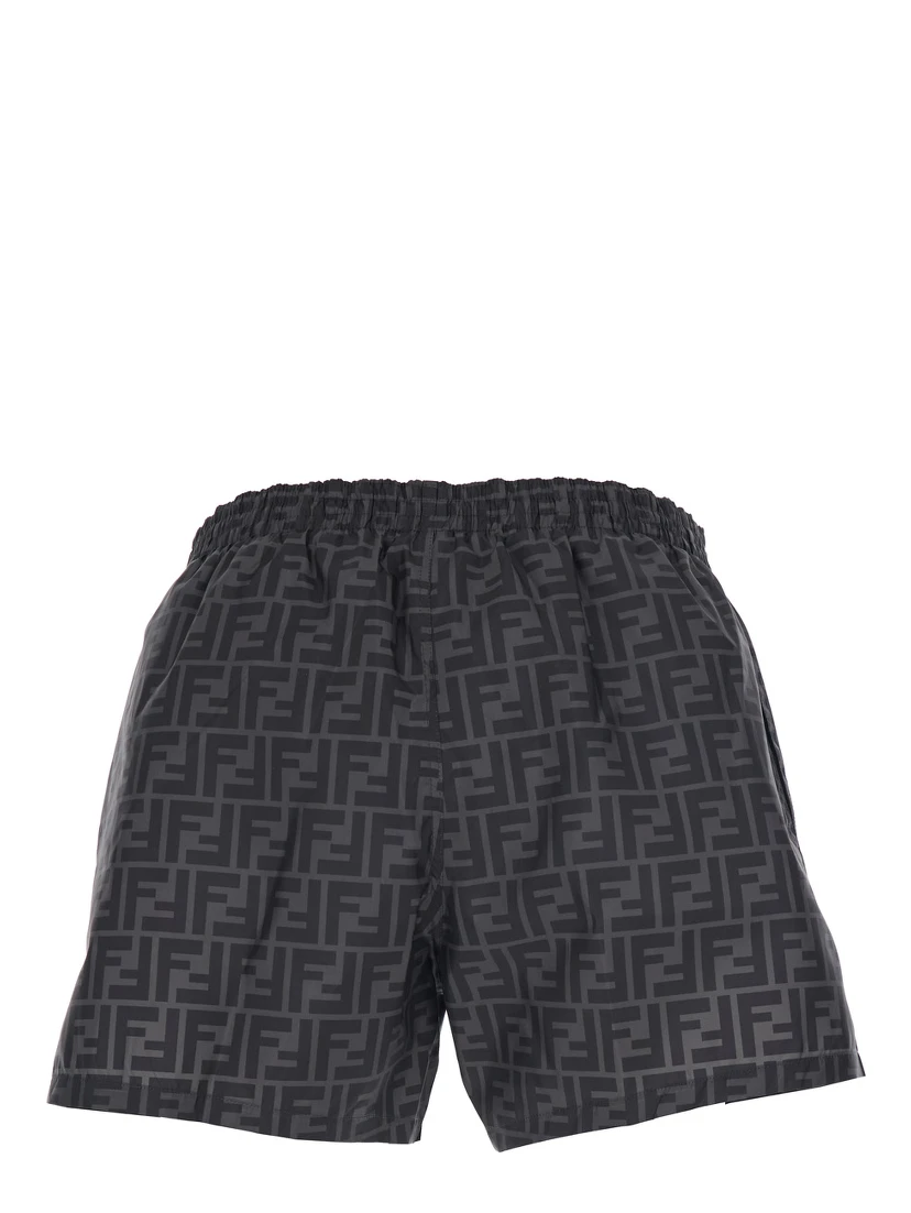 شورت سباحة رمادي بخصر مطاطي برباط ونقشة FF كاملة من قماش تقني رجالي