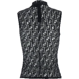 Black Crewneck Sleeveless Top with All-Over FF Motif and Rear Zip Closure in Tech Fabric Stretch Woman