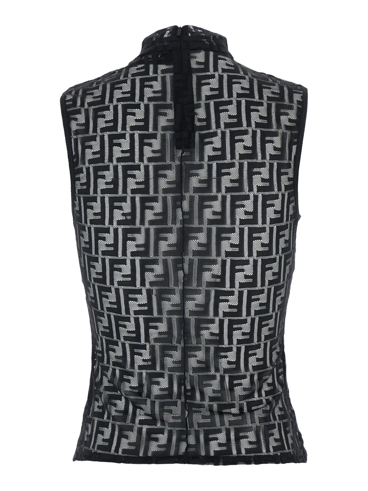 Black Crewneck Sleeveless Top with All-Over FF Motif and Rear Zip Closure in Tech Fabric Stretch Woman alternative