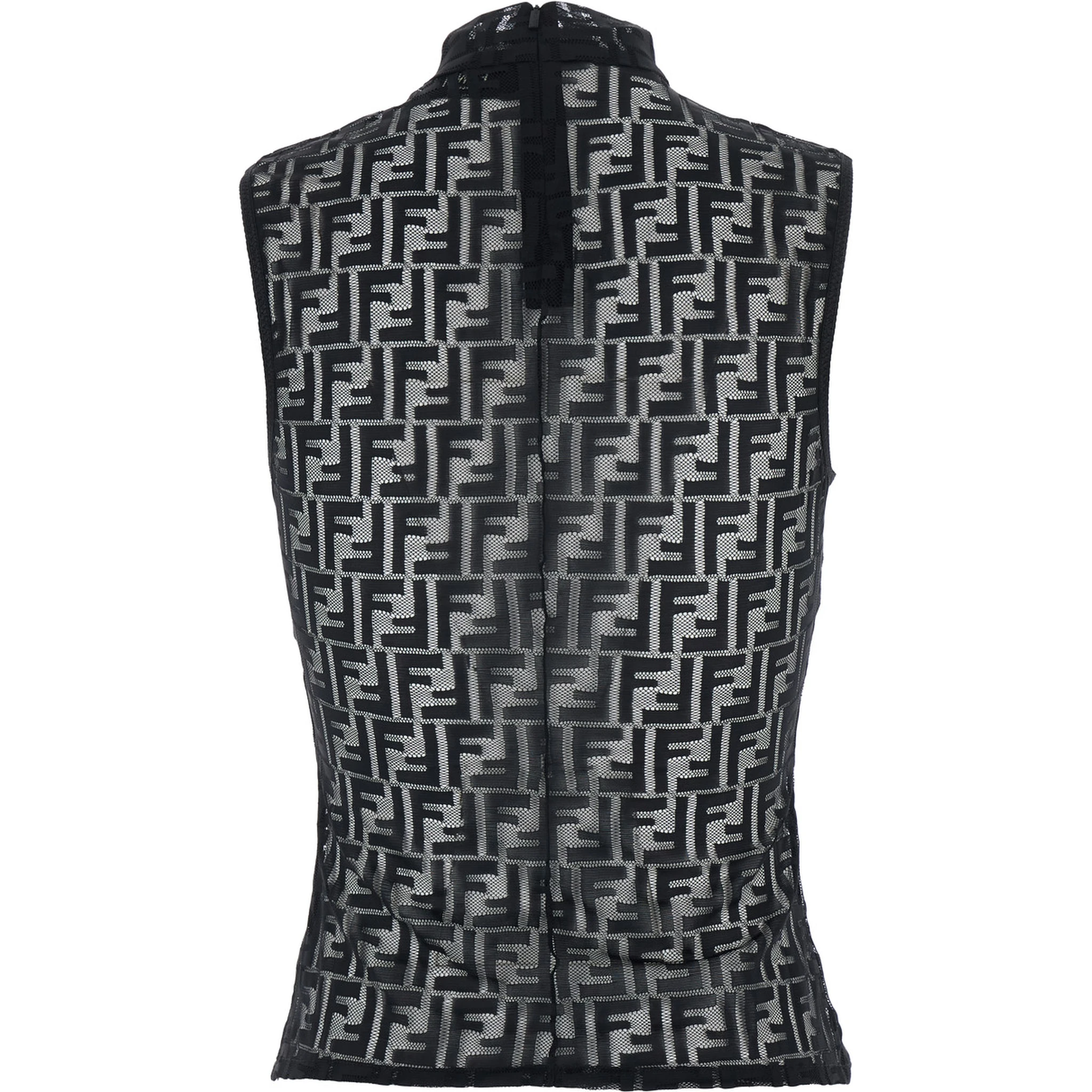 Black Crewneck Sleeveless Top with All-Over FF Motif and Rear Zip Closure in Tech Fabric Stretch Woman