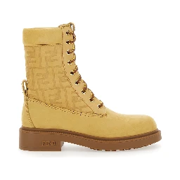 Beige Combat Boots with Tone-on-Tone FF Motif and Side Logo in Leather Woman