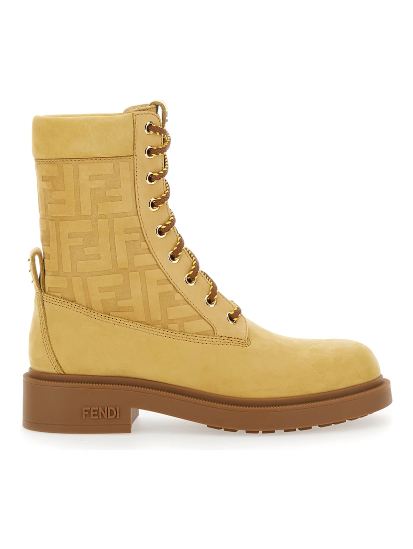 Beige Combat Boots with Tone-on-Tone FF Motif and Side Logo in Leather Woman
