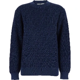 Blue Crewneck Sweater with All-Over FF Motif in Wool and Silk Woman