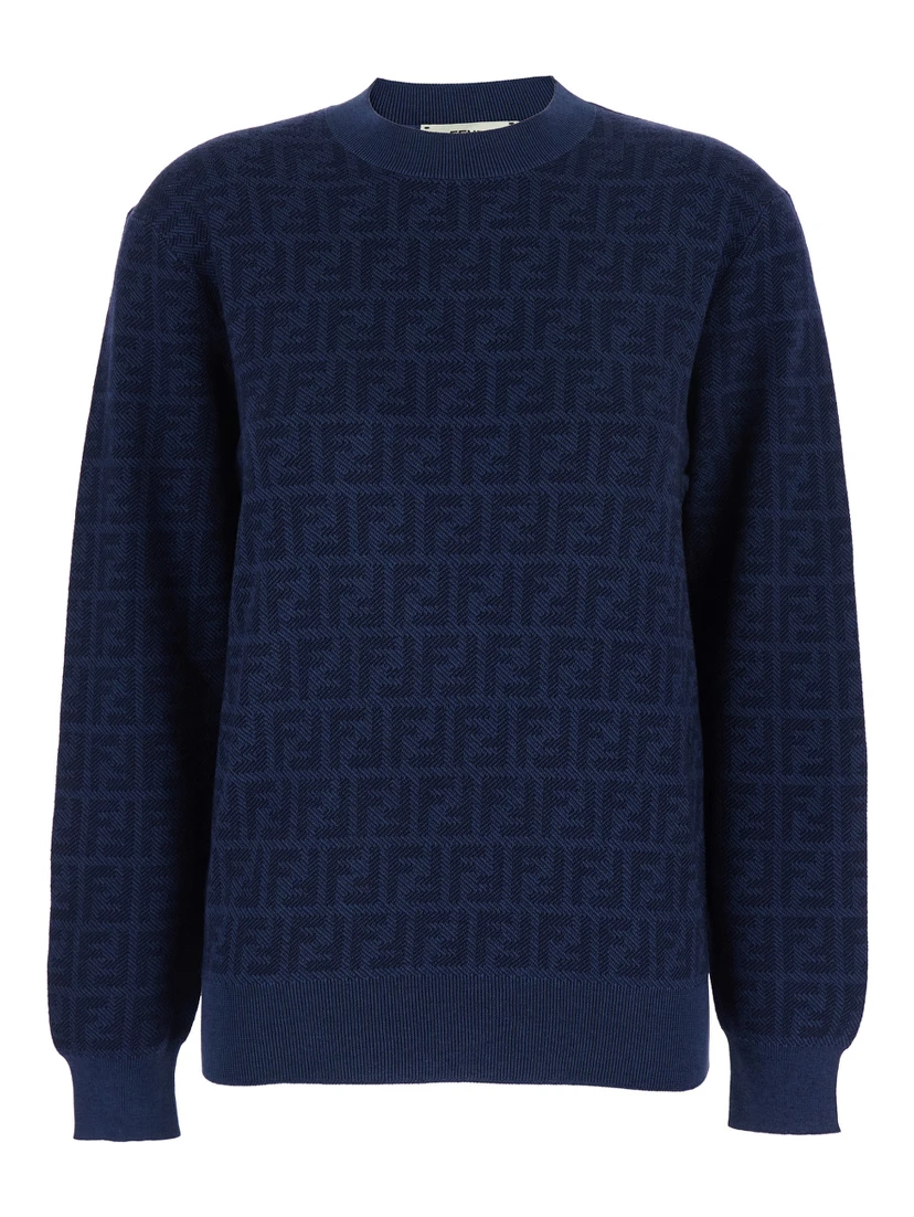 Blue Crewneck Sweater with All-Over FF Motif in Wool and Silk Woman