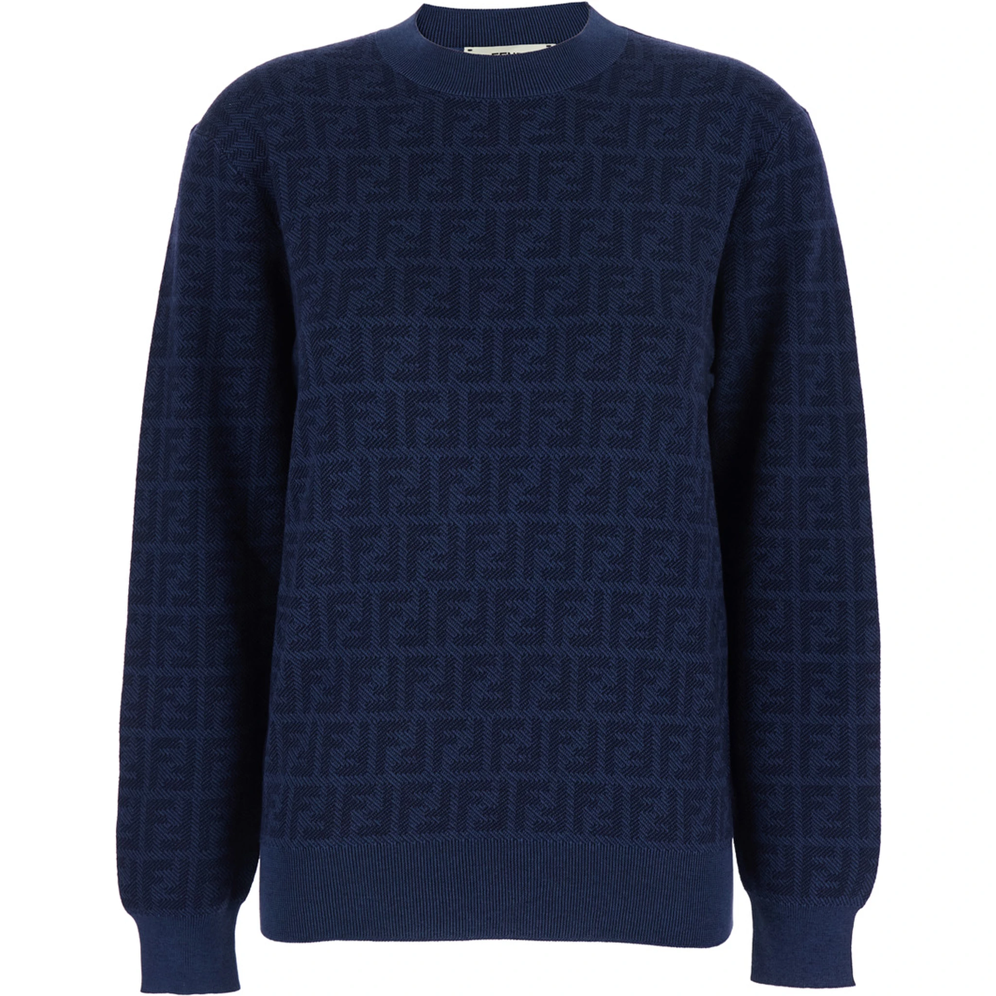 Blue Crewneck Sweater with All-Over FF Motif in Wool and Silk Woman