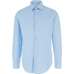 Light Blue Shirt with Classic Collar and Curved Hem in Cotton Stretch Man