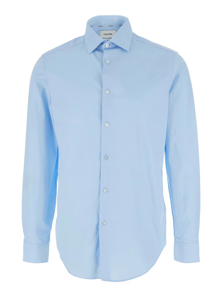 Light Blue Shirt with Classic Collar and Curved Hem in Cotton Stretch Man