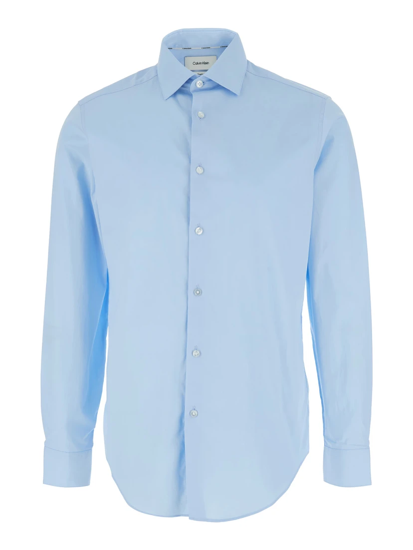 Light Blue Shirt with Classic Collar and Curved Hem in Cotton Stretch Man