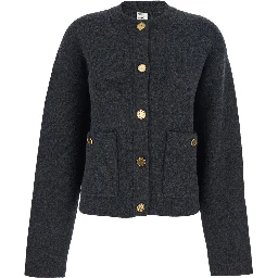 Grey Crewneck Cardigan with Jewel Buttons in Wool Blend Woman