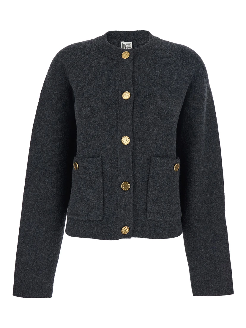 Grey Crewneck Cardigan with Jewel Buttons in Wool Blend Woman