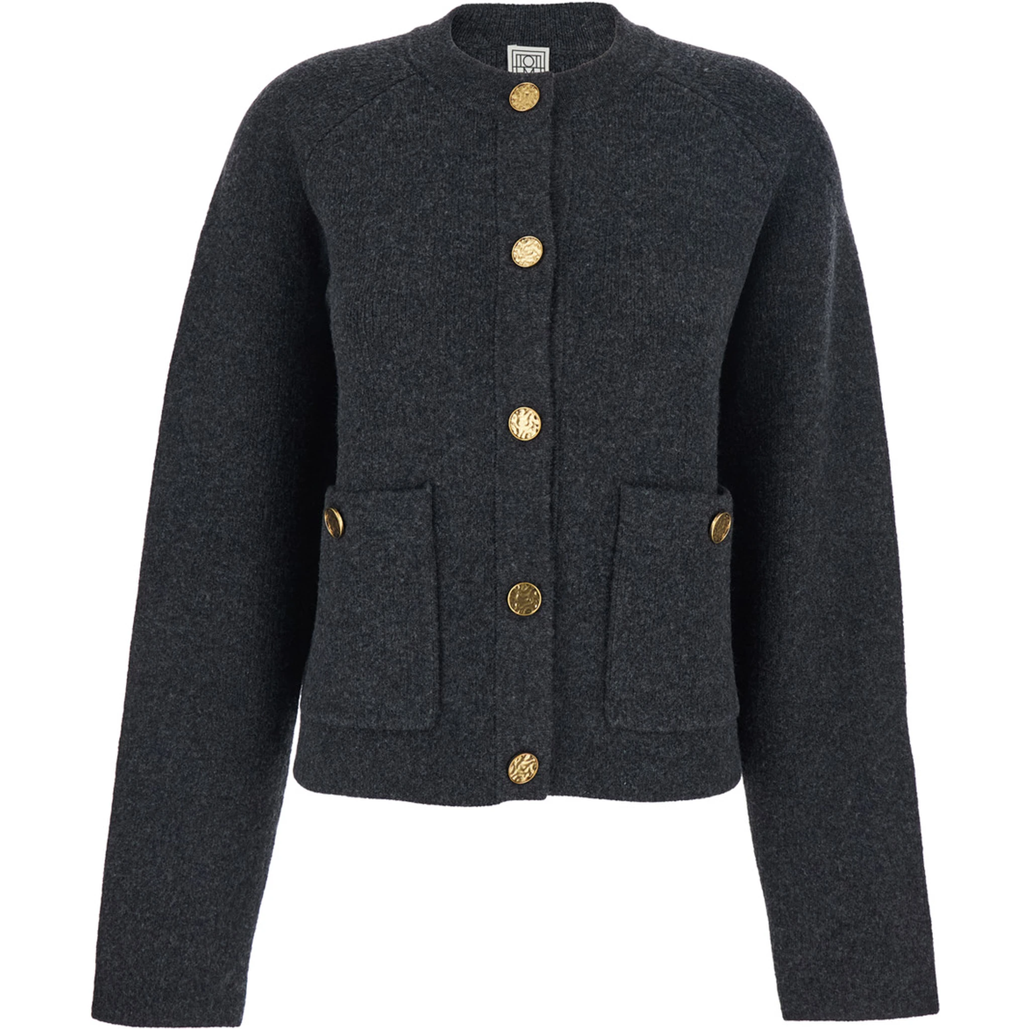 Grey Crewneck Cardigan with Jewel Buttons in Wool Blend Woman