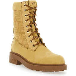 Beige Combat Boots with Tone-on-Tone FF Motif and Side Logo in Leather Woman