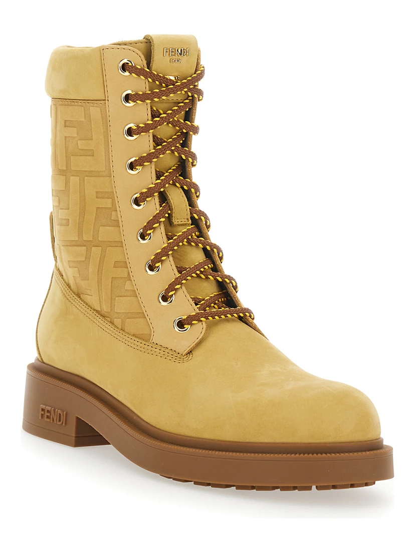 Beige Combat Boots with Tone-on-Tone FF Motif and Side Logo in Leather Woman