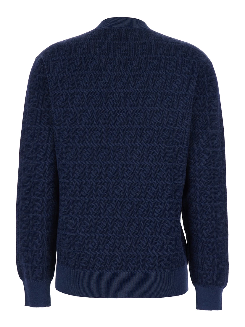 Blue Crewneck Sweater with All-Over FF Motif in Wool and Silk Woman