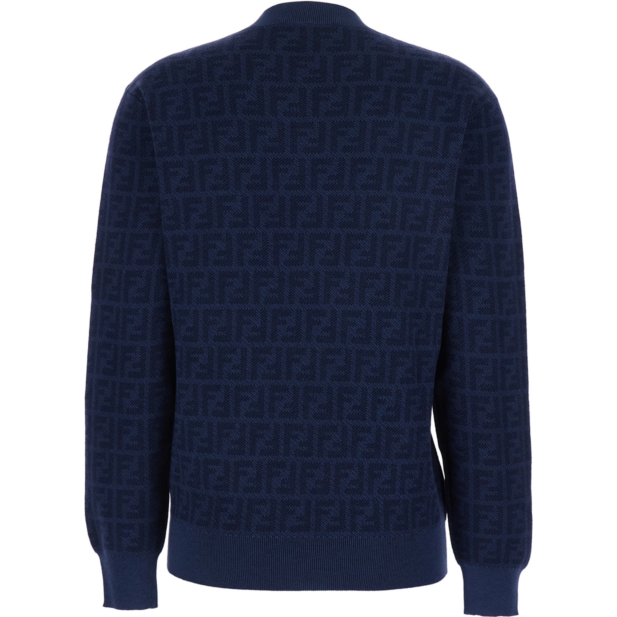 Blue Crewneck Sweater with All-Over FF Motif in Wool and Silk Woman