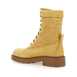 Beige Combat Boots with Tone-on-Tone FF Motif and Side Logo in Leather Woman