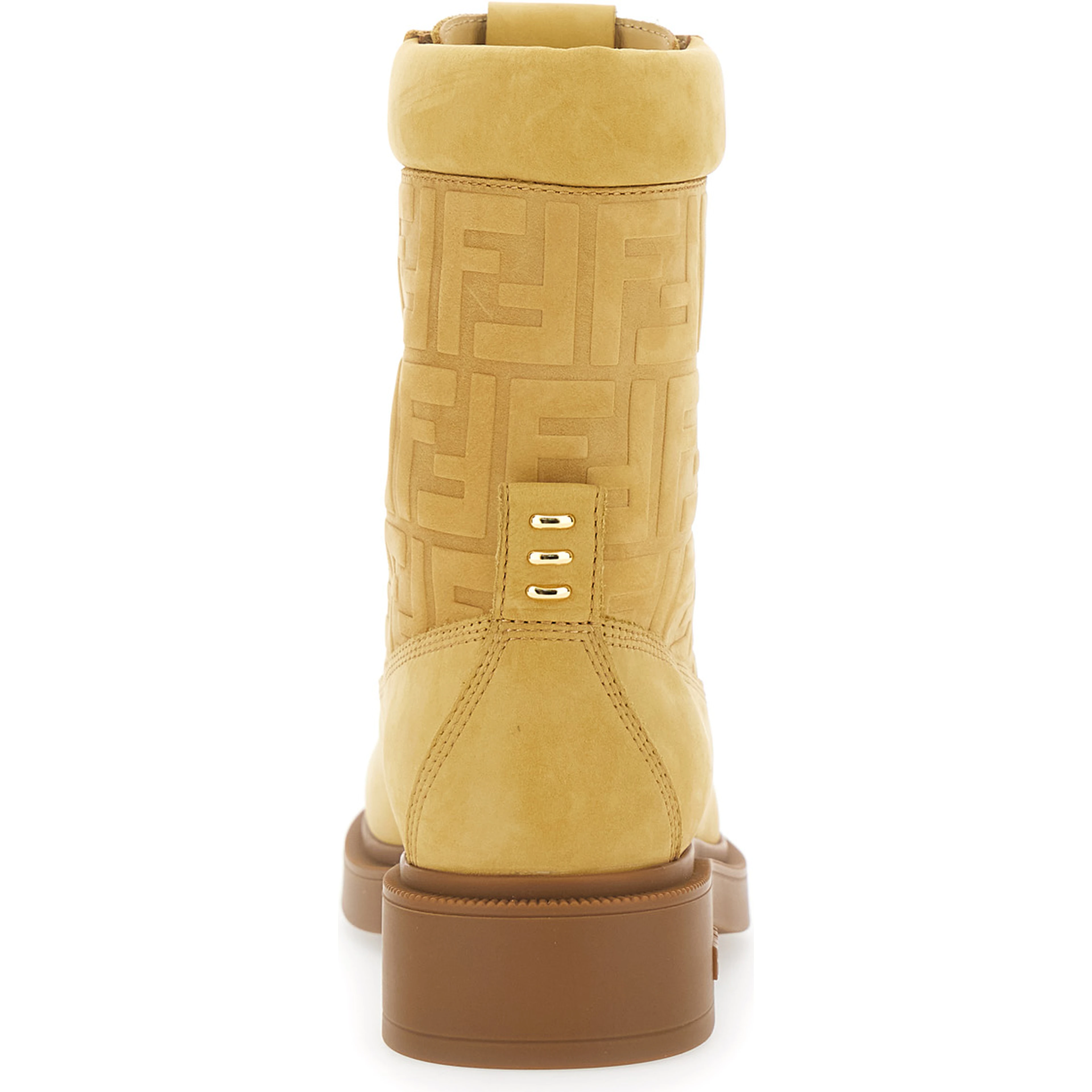 Beige Combat Boots with Tone-on-Tone FF Motif and Side Logo in Leather Woman