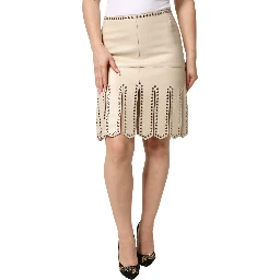 Beige Leather Studs Mid Waist Mini Skirt