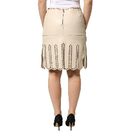 Beige Leather Studs Mid Waist Mini Skirt