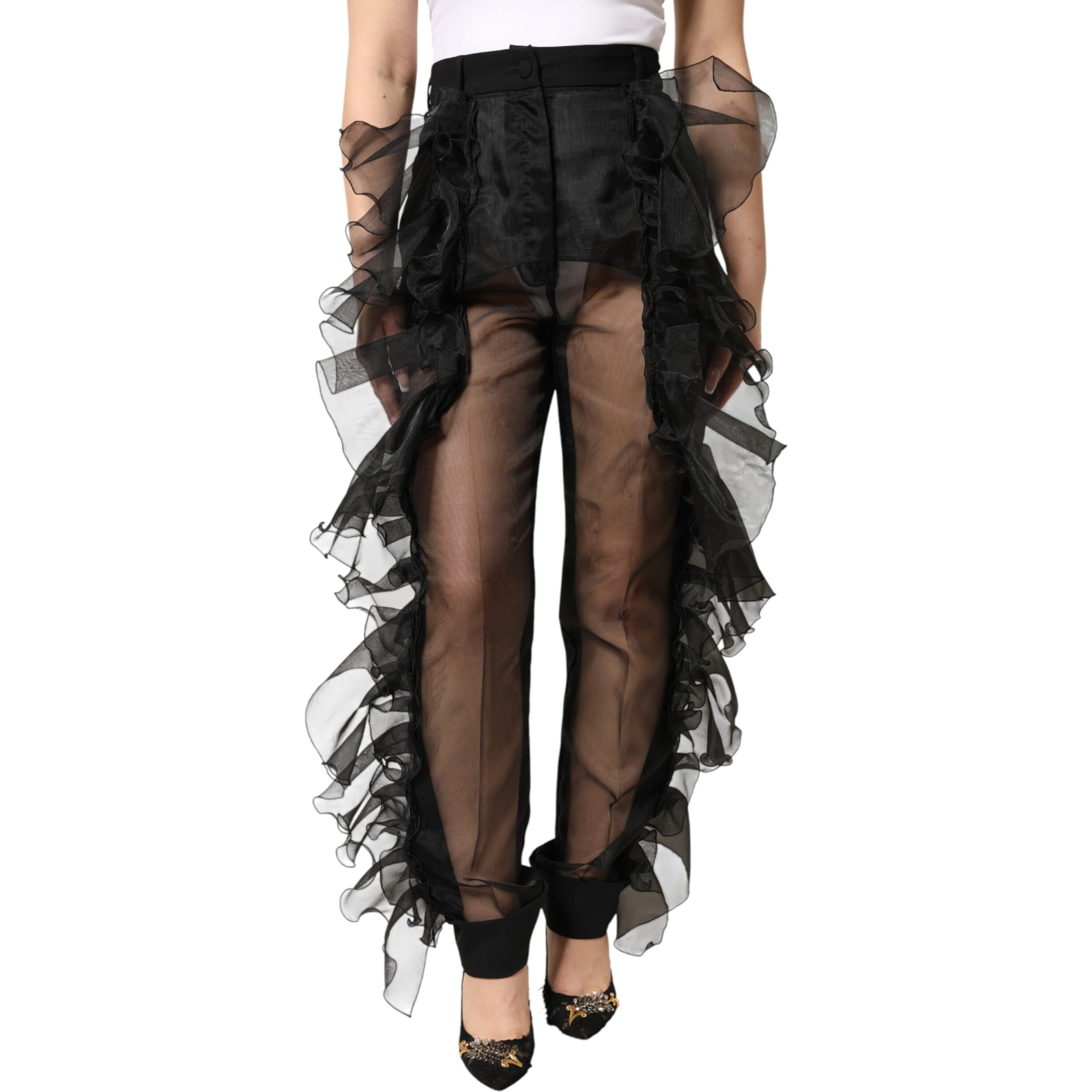 Black High Waist Tulle Wool Trouser Pants