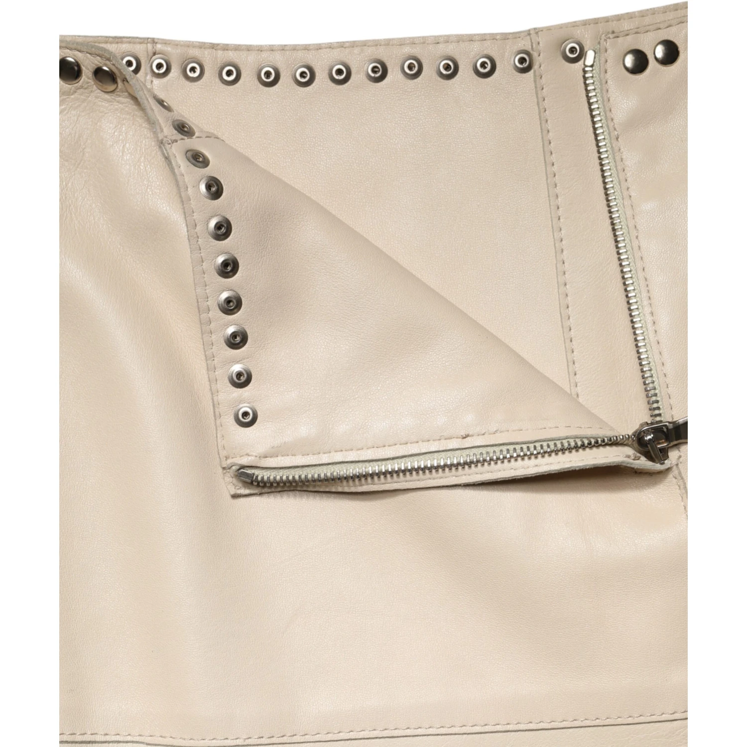 Beige Leather Studs Mid Waist Mini Skirt