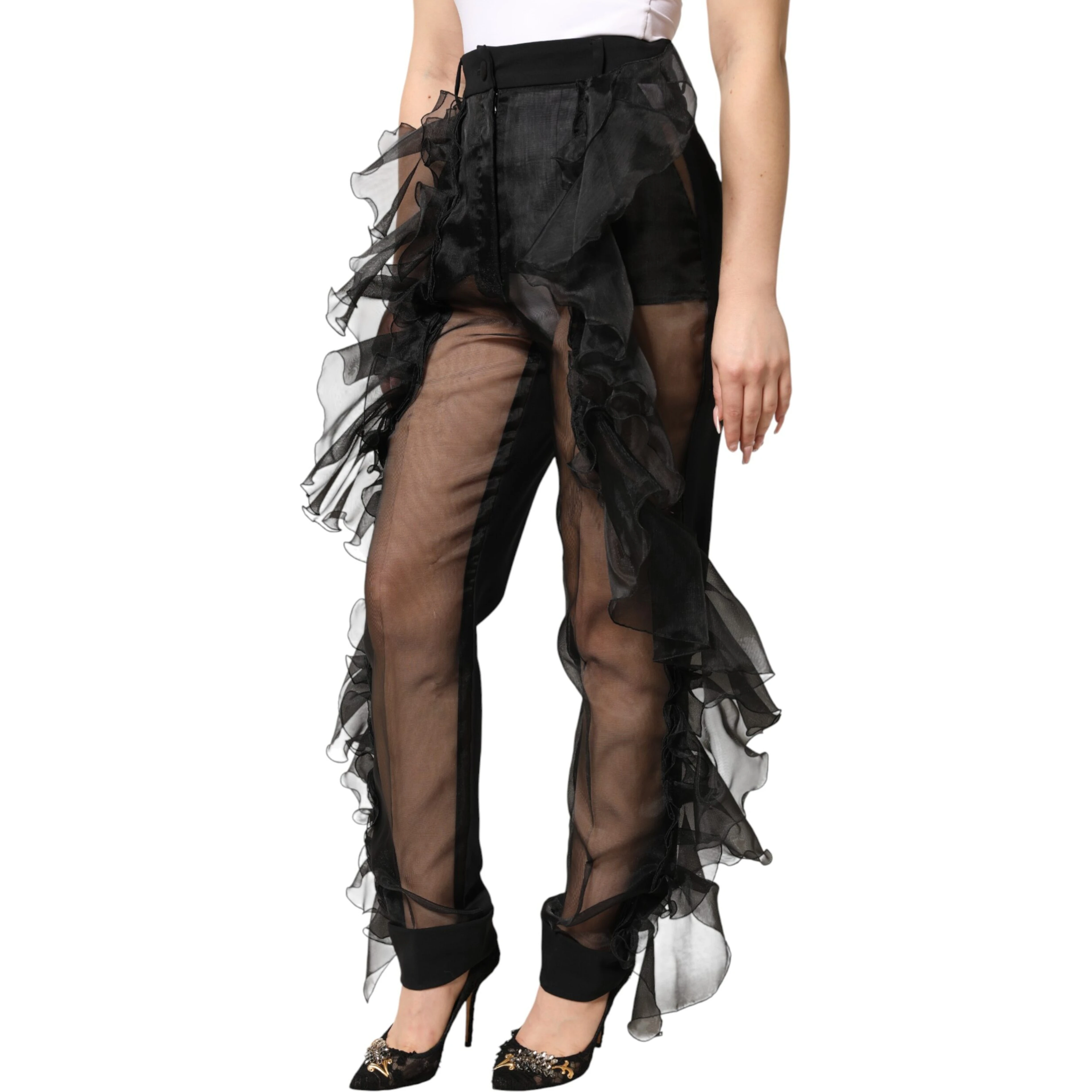 Black High Waist Tulle Wool Trouser Pants