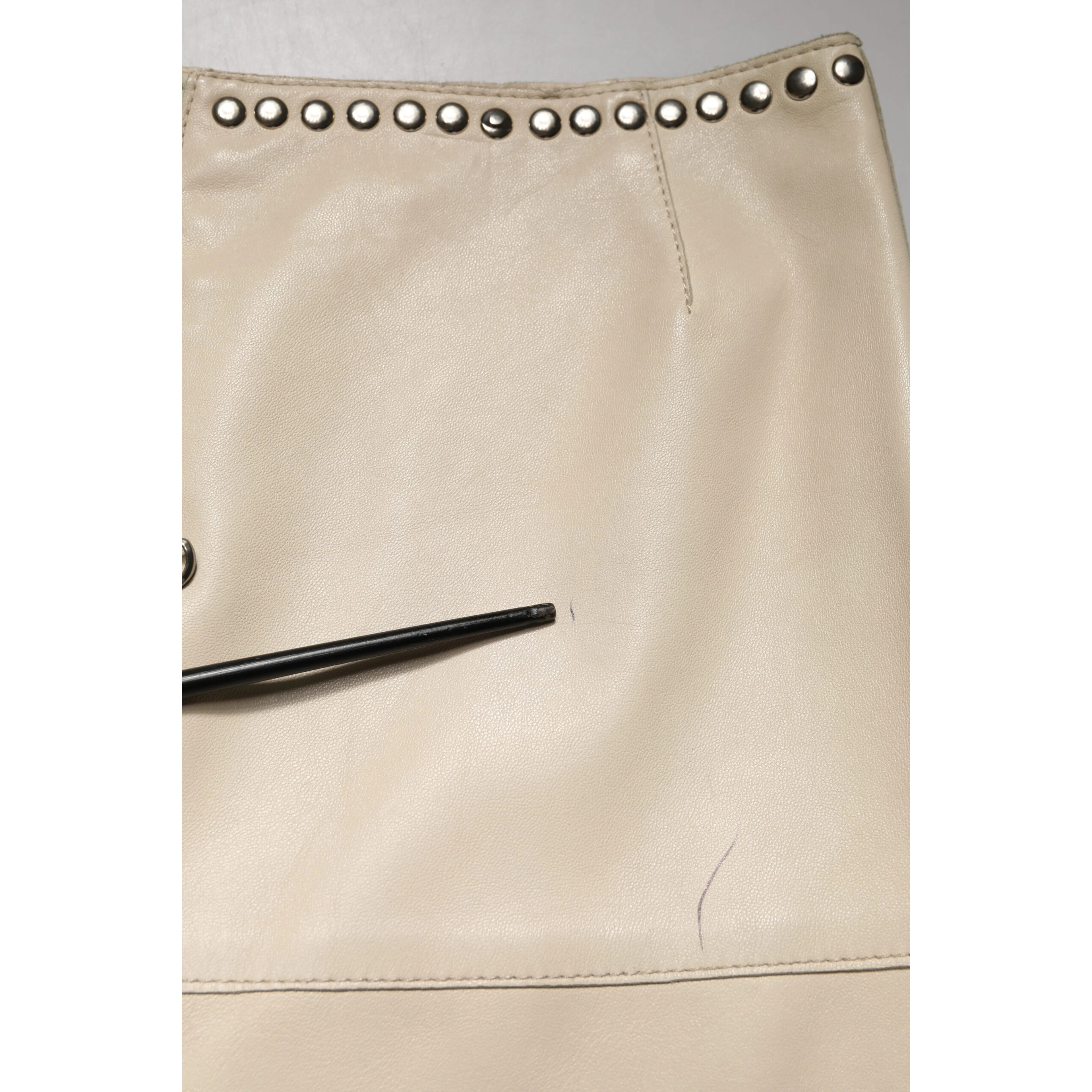 Beige Leather Studs Mid Waist Mini Skirt