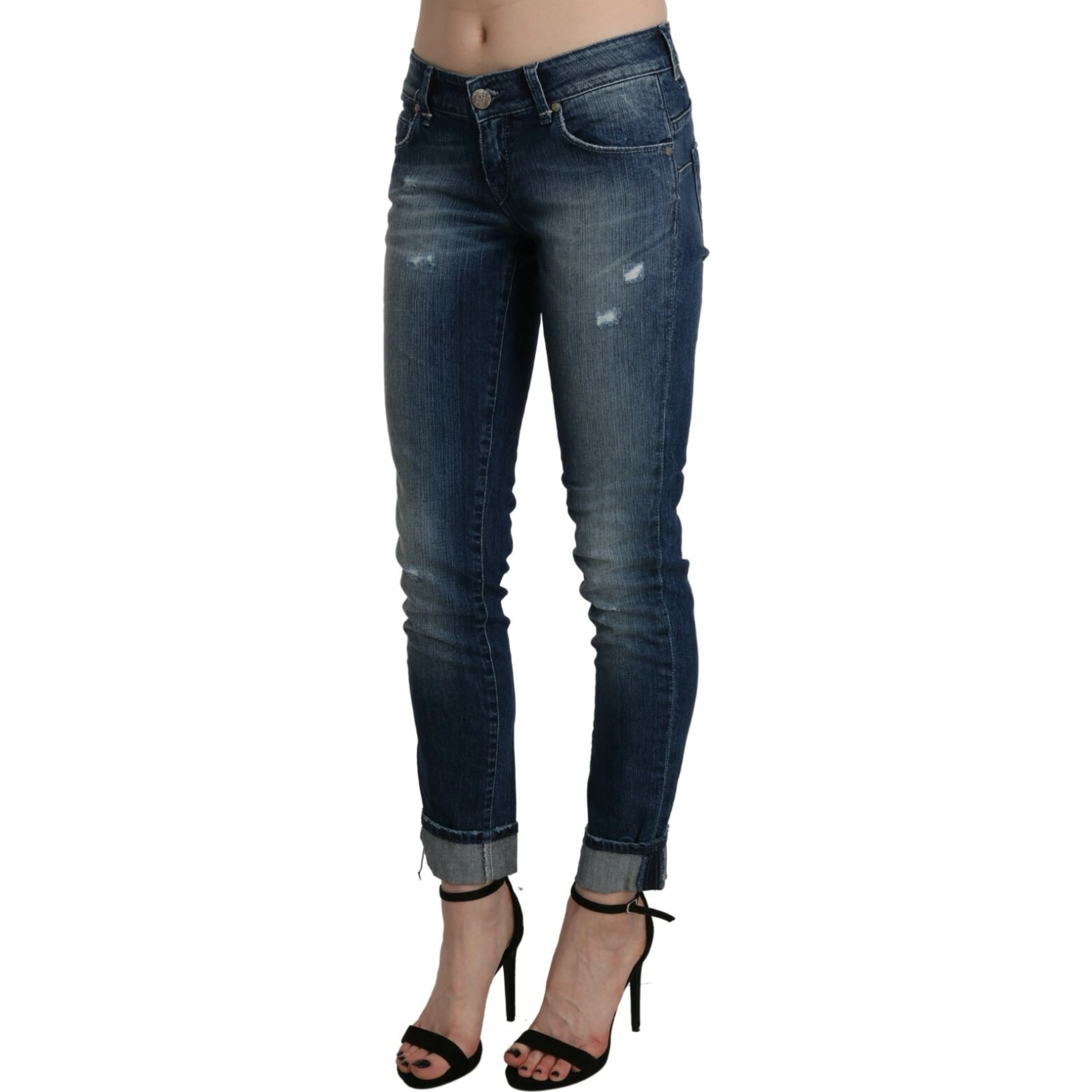 Cotton Blue Washed Low Waist Skinny Cropped Jeans