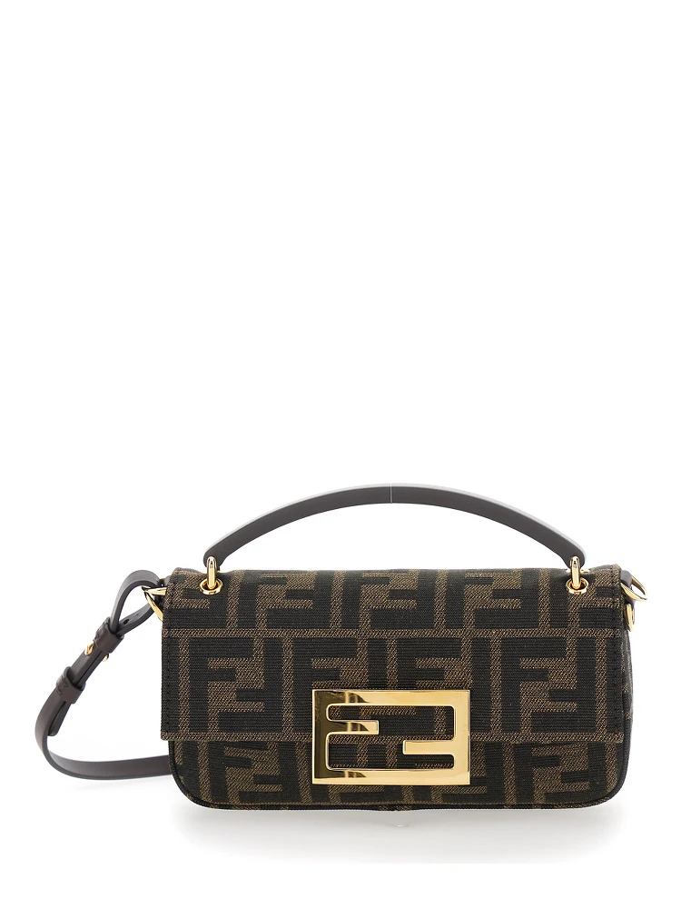 Brown Mini Bag with Removable Shoulder Strap and FF Plaque Magnetic Closure in Canvas FF Jacquard Woman