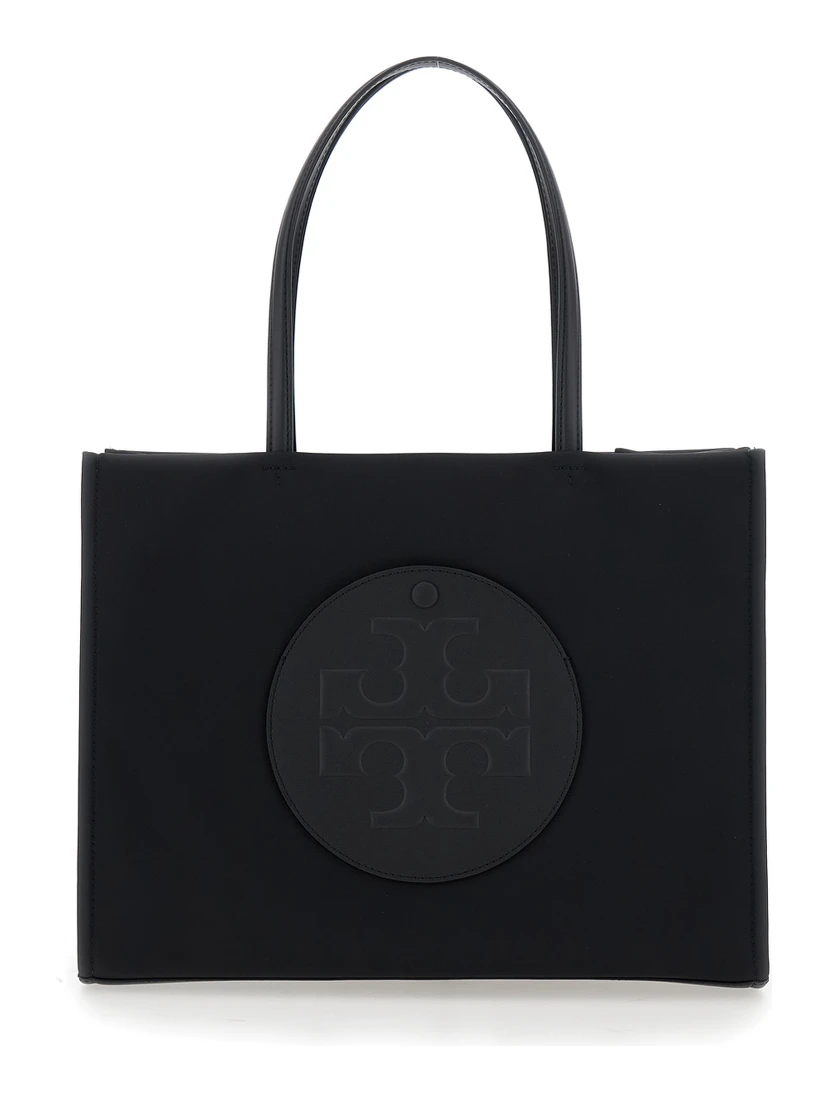 Ella Black Small Tote Bag with Two Top Handles and Embossed Maxi Logo on the Front in Fabric Woman